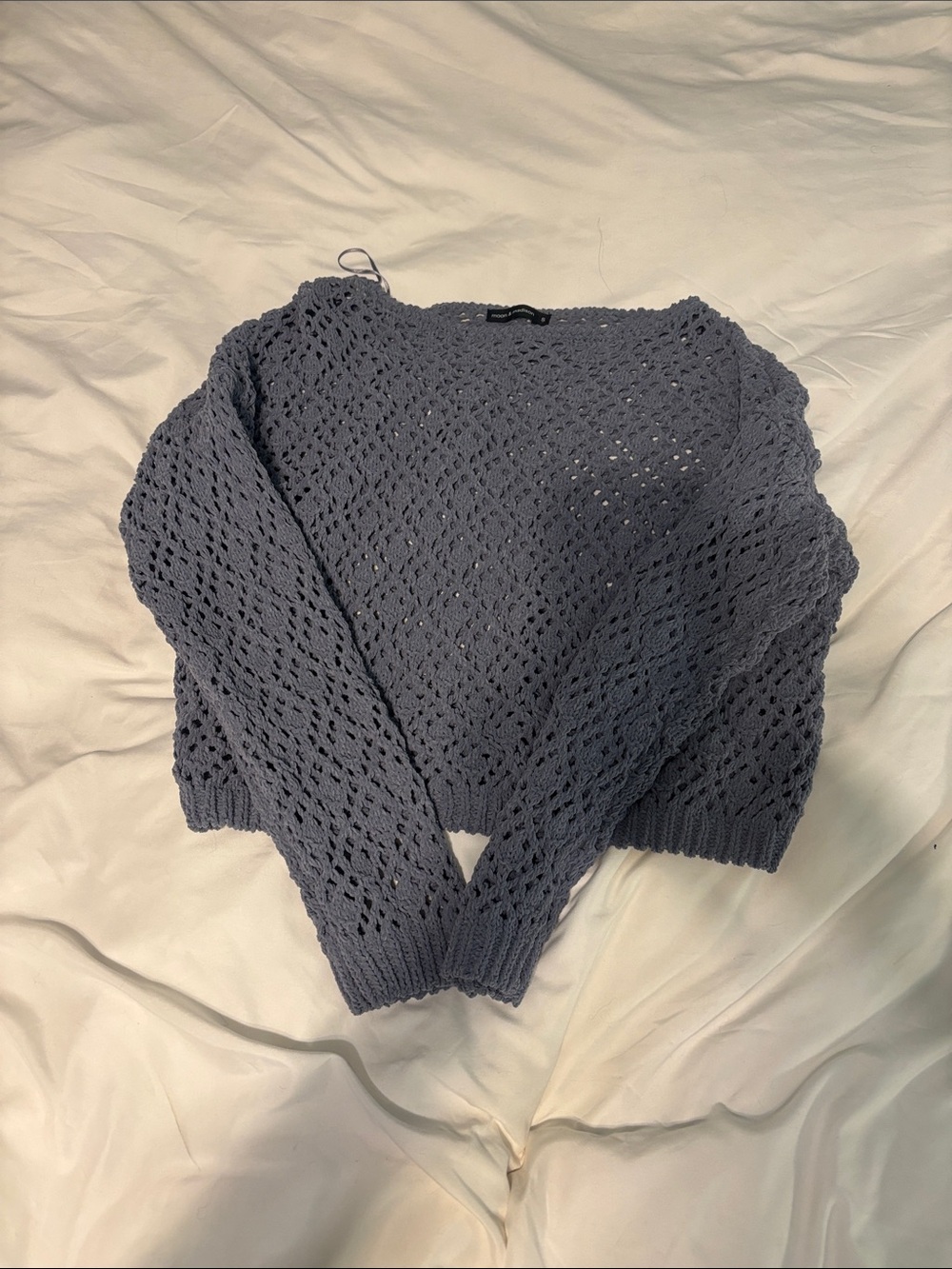 moon & madison Open-Knit Crewneck Sweater in Dusty Blue